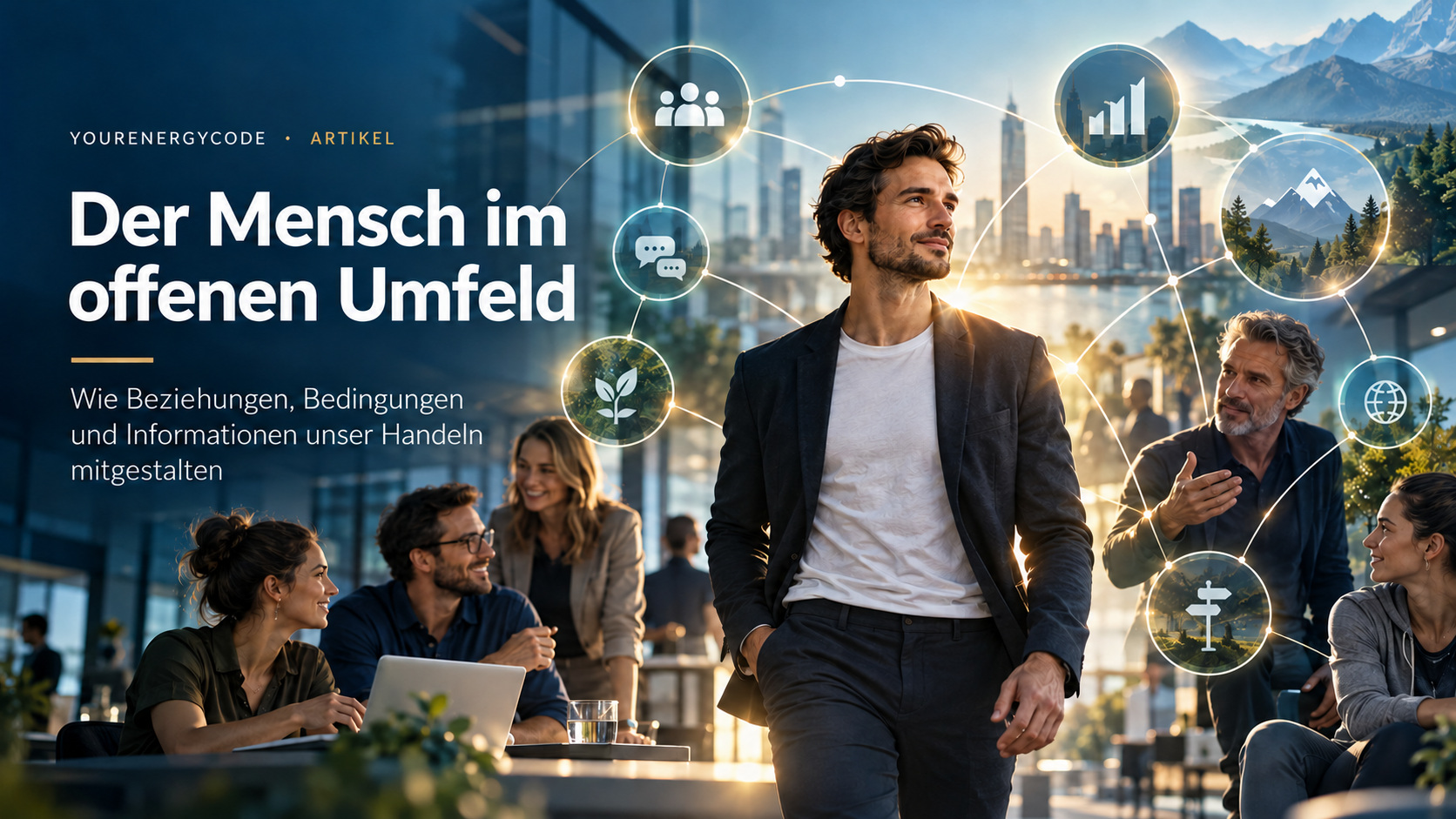 Ein Mensch zwischen Zusammenarbeit, Informationen und unterschiedlichen Einflüssen seines Umfelds.