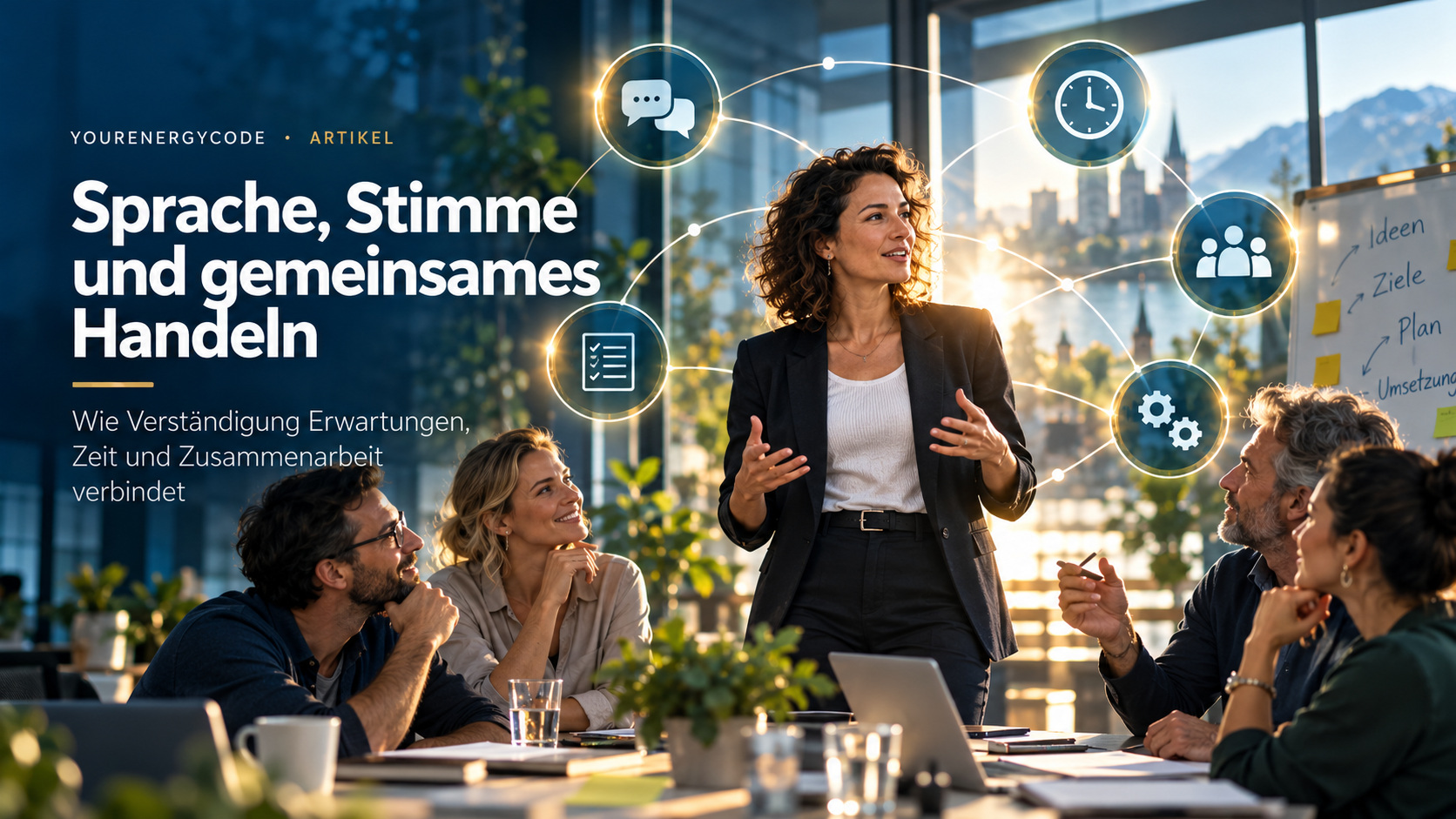Eine Frau erläutert eine Aufgabe im Team; Gesten und gemeinsame Aufmerksamkeit verbinden die Beteiligten.