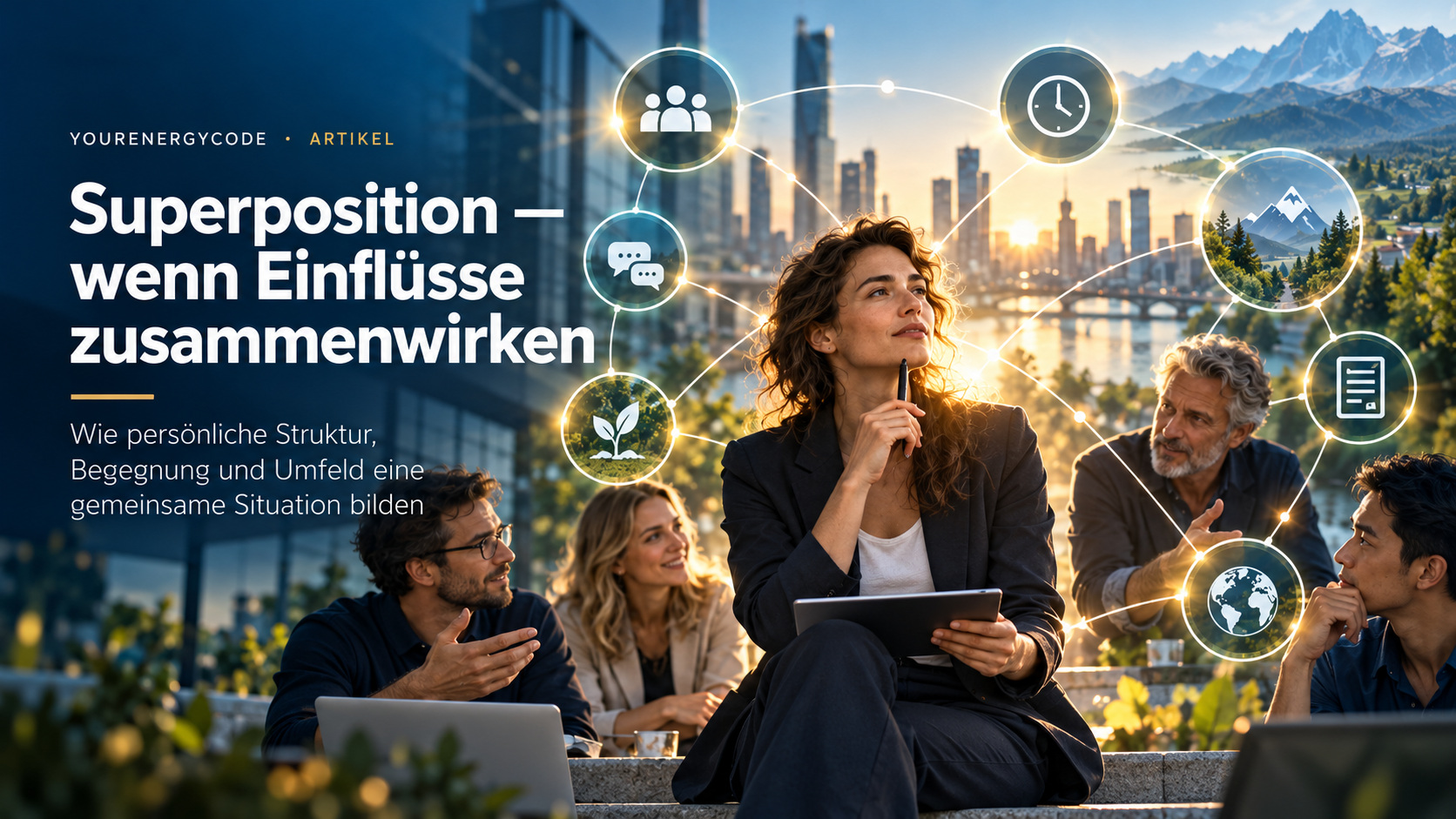 Eine Person zwischen Zusammenarbeit, persönlichen Überlegungen und verschiedenen Einflüssen des Umfelds.