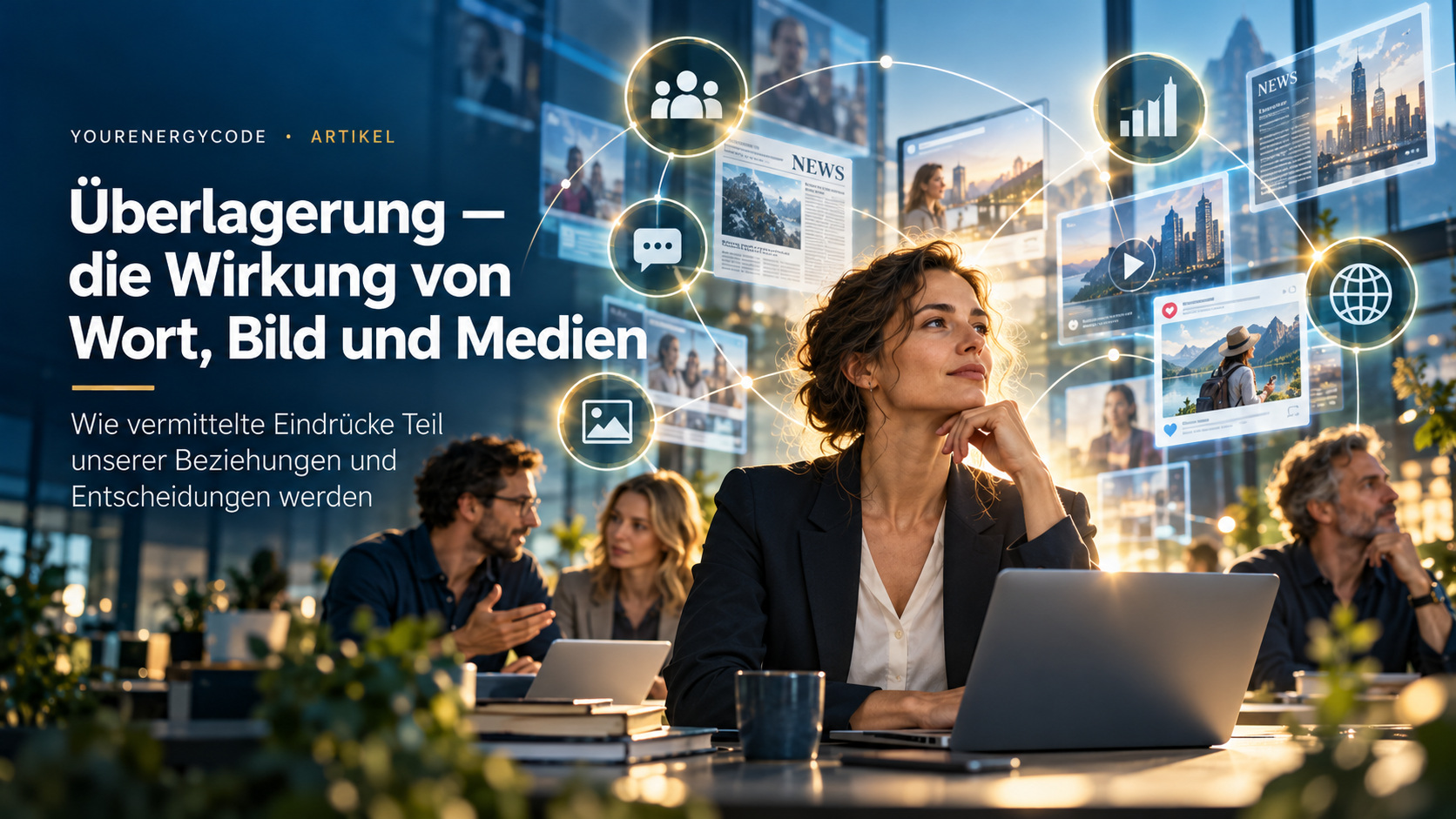Eine Frau betrachtet ein Informationsumfeld aus Nachrichten, Bildern, Video und sozialen Medien.